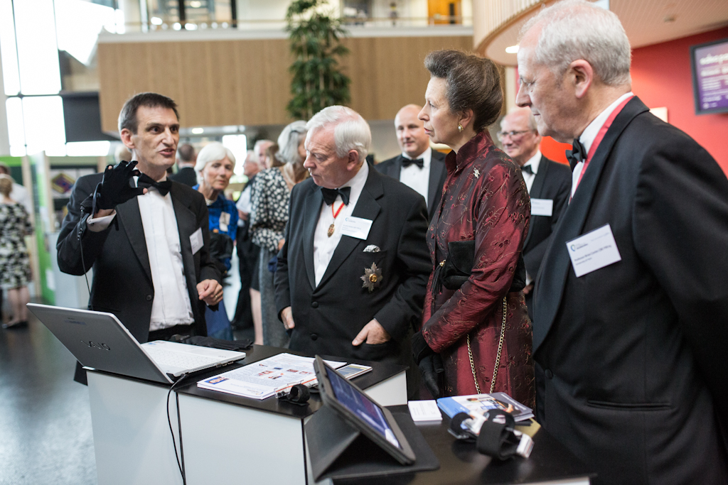 Image: Dr Stephen Smith presents his work on a new toolkit for the monitoring of Parkinson's Disease to HRH the Princess Royal during the Royal Academy of Engineering Soiree event held at the University of York, 27 June 2013.